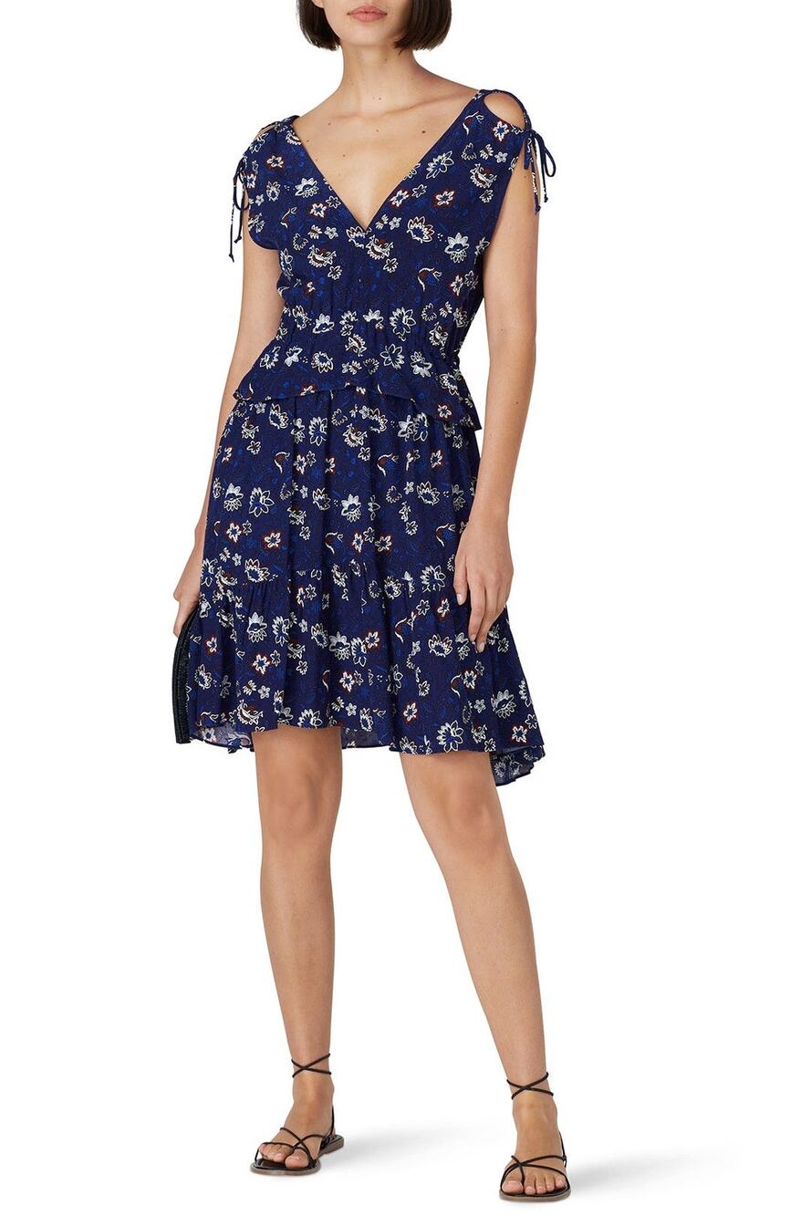 THAKOON Navy Lotus Print Shirred Waist Ruffled Hi-Low Hem V-Neck Dress size 2